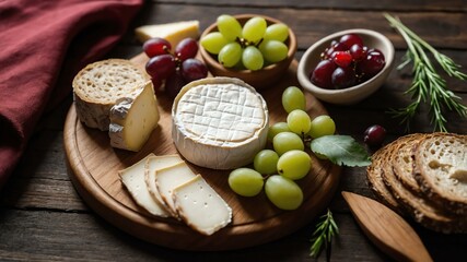 Wall Mural - appetizing brie soft cheese charcuterie on wooden plate flat lay aesthetic setup for ads