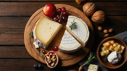 Wall Mural - appetizing camembert soft cheese charcuterie on wooden plate flat lay aesthetic setup for ads