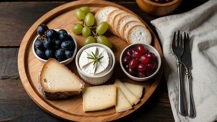 Wall Mural - appetizing brie soft cheese charcuterie on wooden plate flat lay aesthetic setup for ads