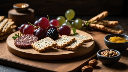 Wall Mural - appetizing artisan crackers charcuterie on wooden plate flat lay aesthetic setup for ads