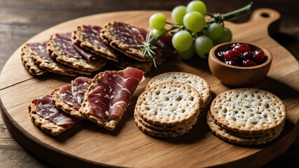 Wall Mural - appetizing artisan crackers charcuterie on wooden plate flat lay aesthetic setup for ads