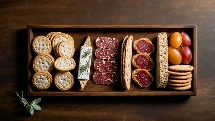 Wall Mural - appetizing artisan crackers charcuterie on wooden plate flat lay aesthetic setup for ads