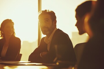 Poster - People gathered around a table discussing or working together