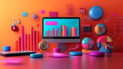 Poster - 3D Colorful Geometric Shapes and Data Visualization on an Orange Background