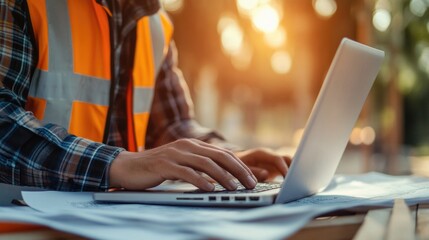 Aufkleber - Man in orange vest uses laptop in outdoor setting, suitable for business or technology concepts