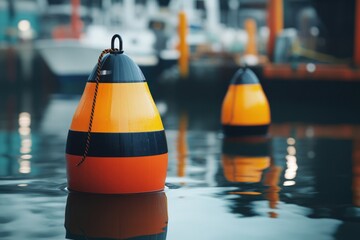 Wall Mural - An orange and black buoy floating on the surface of the water, perfect for illustrations related to maritime activities or coastal scenes