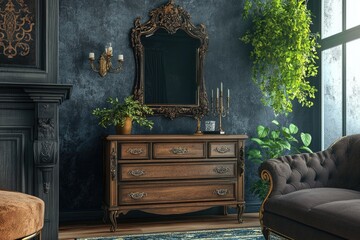 Poster - A warm and inviting living room space with various furniture pieces and a large mirror
