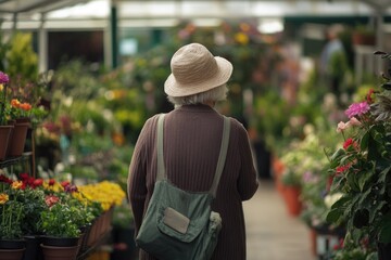 Poster - A woman wearing a hat walks through a colorful flower shop, surrounded by various blooms and arrangements