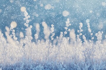 Poster - A winter landscape with a snow-covered field and various types of plants