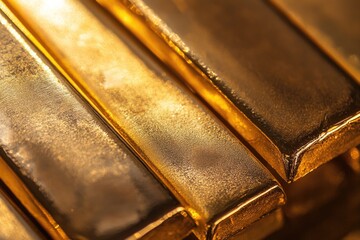 Poster - A pile of shiny gold bars stacked high, perfect for financial or commercial use