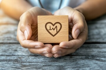 Poster - A person grasping a wooden block with a heart symbol, ideal for romantic or educational concepts