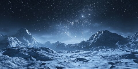 Majestic night sky over a serene, icy mountain landscape under a blanket of stars.