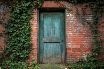 Poster - A old-fashioned green door set within a brick wall overgrown with lush vines