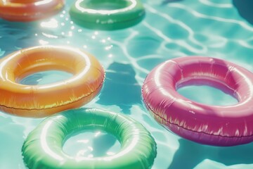 Poster - A group of colorful inflatable rings floating on the surface of a swimming pool, perfect for summer fun and games