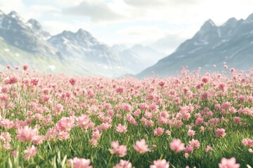 Poster - A field of vibrant pink flowers set against a stunning mountain backdrop