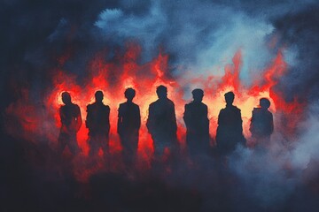 Poster - Group of people standing around open flame, socializing and sharing stories