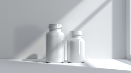 Two white bottles with lids on a white surface, one taller than the other.