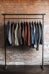 Wall Mural - A rack of jackets hanging on a brick wall, perfect for fashion or outdoor settings