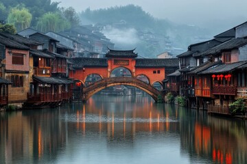 Poster - A bridge spanning a body of water, surrounded by high-rise buildings and urban landscape