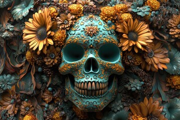 Canvas Print - A sugar skull decorated with colorful flowers and leaves