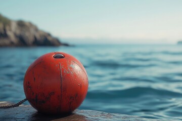 Poster - A small red buoy sits on top of a rock near the ocean, with waves gently lapping in the background