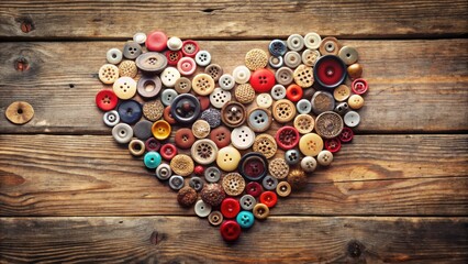Poster - A heart-shaped arrangement of colorful buttons on a rustic wooden surface.