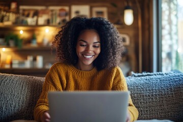 Poster - A woman sits on a couch using a laptop for work or personal use