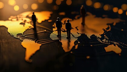 Aufkleber - Silhouettes on a world map, glowing lights background