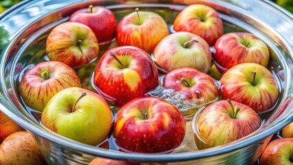 Aufkleber - A close-up of freshly washed, vibrant red and green apples soaking in a silver bowl, their surfaces glistening with droplets of water, a testament to their crisp freshness.