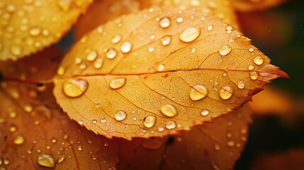 Poster - A close-up view of a leaf with water droplets glistening in the light