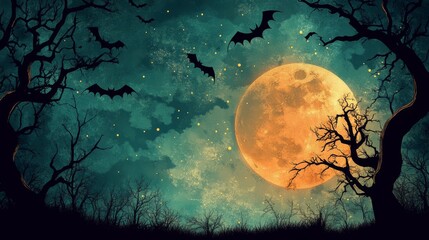 happy halloween, halloween night background, Halloween Background, holloween party. Happy halloween card template design. moon, tree, bat.