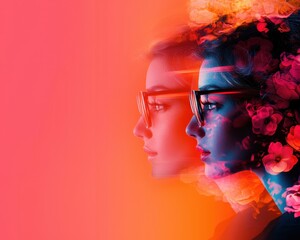 Poster - Artistic portrait with vibrant colors and flowers.