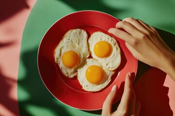 Wall Mural - A person holds a plate with scrambled eggs