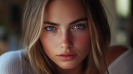 Poster - A close-up portrait of a woman with striking blue eyes, ideal for use in editorial or personal projects