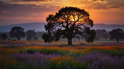 A lone tree silhouetted against a vibrant sunset, with a field of wildflowers blooming in the foreground.