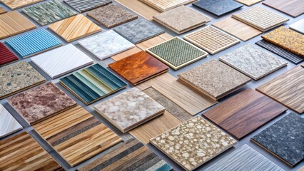 Poster - A display of various surface finishes showcasing a diverse selection of textures, patterns, and colors for interior design applications.