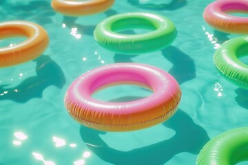 Poster - Inflatable floats and toys floating in a pool, perfect for summer fun or party decorations