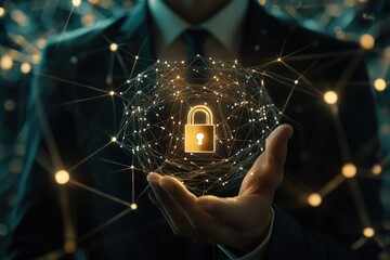 Poster - A person in a suit holds a sphere with a lock, suitable for illustrations about security or secrecy