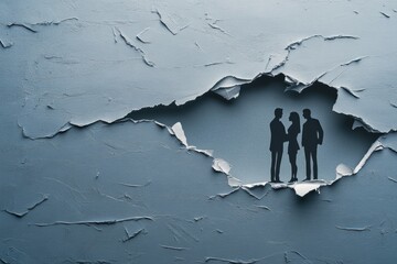 Poster - A pair of individuals stand inside a hole in an exterior wall, surrounded by concrete and rebar