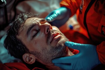 Poster - A man sits in a dentist's chair, having his teeth brushed by a doctor