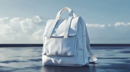 Poster - A lone white backpack sits atop a table, waiting to be packed or used for travel