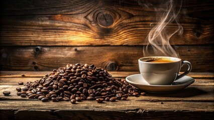 Sticker - A steaming cup of coffee sits beside a pile of roasted coffee beans on a rustic wooden surface.