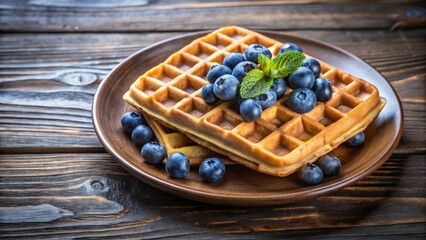 Poster - Golden Waffles Topped with Fresh Blueberries and a Sprig of Mint on Rustic Wooden Table