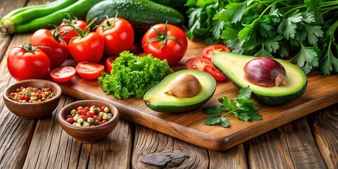 Poster - A rustic wooden table adorned with vibrant red tomatoes, green avocados, and fresh parsley, capturing the essence of a healthy and flavorful meal.