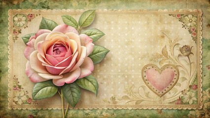 Aufkleber - A delicate pink rose blooms on a vintage background with a decorative heart and floral accents.