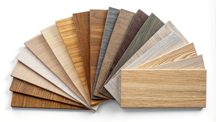 Aufkleber - A fan of wood laminate samples displays various textures and colors for interior design and renovation projects