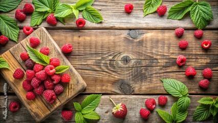 Poster - Freshly picked raspberries scattered across a rustic wooden table with green leaves for a summery food photo backdrop