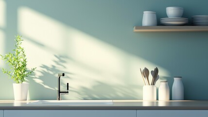 A kitchen with a sink, a plant, and a shelf with plates and utensils