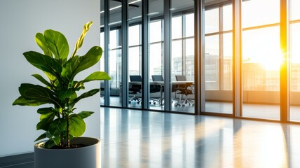 Poster - A large office space with a potted plant in the corner