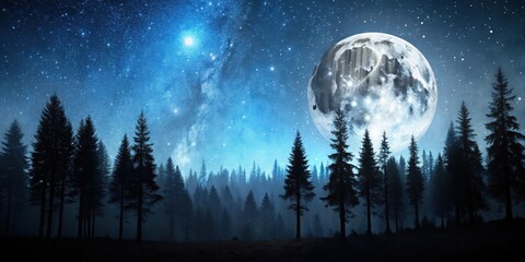 Poster - Enchanted Forest Under a Starry Night Sky With a Giant Moon
